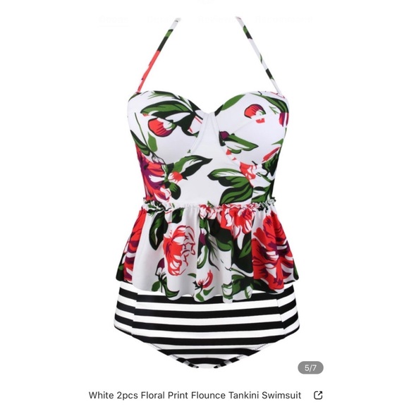 White 2pcs Floral Print Flounce Tankini Swimsuit - Picture 5 of 9